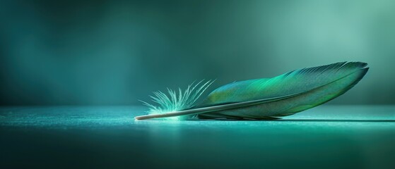 A glowing green feather rests on a glass surface against a dark teal background.