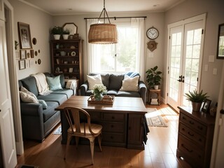 Cozy living room with a blue sofa, wooden furniture, and decorative shelves. Natural light fills the space.