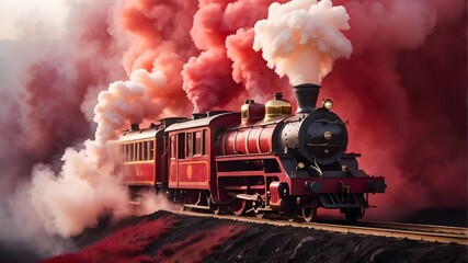 An old-fashioned steam-driven train amid crimson smoke. railroad with narrow gauge. A steam locomotive pulls a cart through smoke, steam, and red flames. - obrazy, fototapety, plakaty