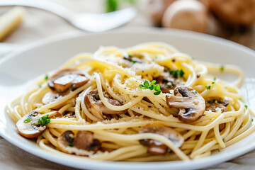 tasty spaghetti pasta with mushroom sauce on a white plate, closeup