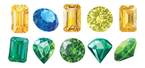  Vector set of bright precious expensive stones of different shapes sapphire diamond ruby ​​crystal carat emerald yellow green blue gold pearl sparkles on a white background