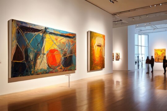 Um museu e arte moderna, gerado com ia, sala ampla,  iluminado pela luz do sol