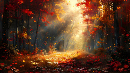 A forest in autumn, the ground covered in fallen leaves of red, orange, and yellow, with sunbeams filtering through the thinning canopy