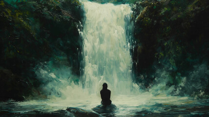 A woman is sitting in the water in front of a waterfall