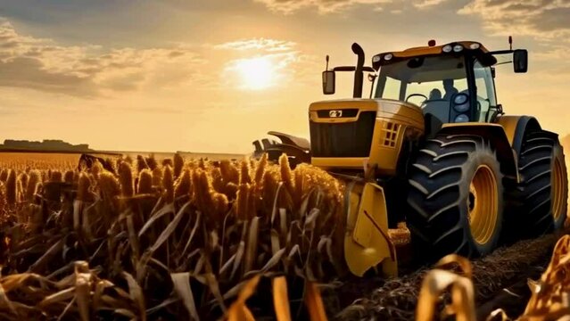 A realistic depiction of an agricultural tractor in action, harvesting corn in a vast golden field under the warm sunlight, showcasing the machinery, corn stalks, and rural landscape, Realistic Photog