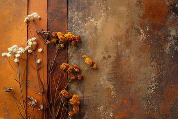 Side View Vintage Rusty Textured Wall with Flowers. Side view of dried flowers against a rusty textured wall, suitable for decor or design backgrounds.