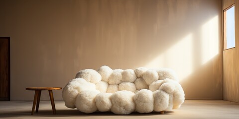 White fluffy bubble boucle sofa is sitting in an empty room mock up background decoration scene