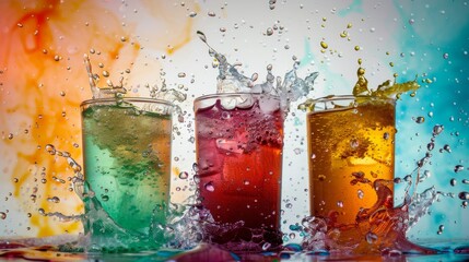 Fizz bubble refreshing carbonated soda drink. Spring or summer cold cocktail, water and splashes on colorful background. Generative ai