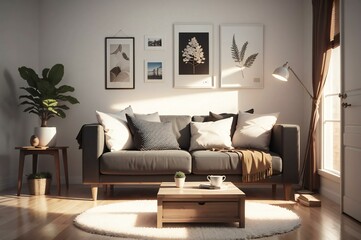 A cozy living room with a sofa filled with cushions, a coffee table, and framed pictures on the wall.