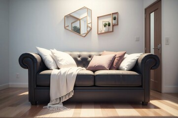 Elegant living room interior with a classic leather sofa, decorative pillows, a cozy throw, and stylish wall mirrors.