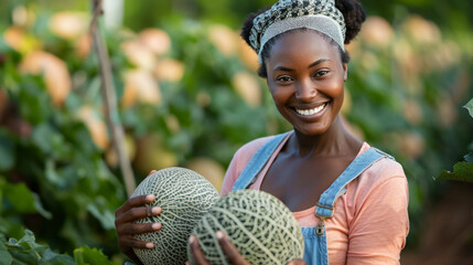 African american balck woman farmer harvesting ripe melons at sunny day. Agriculture and healthy food concept. Generative ai