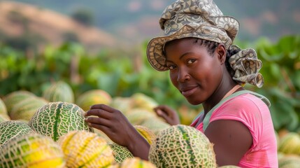 African american balck woman farmer harvesting ripe melons at sunny day. Agriculture and healthy food concept. Generative ai