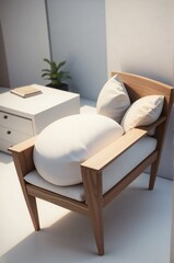 Modern minimalist chair with a round white cushion and wooden frame, placed next to a white side table with a book in a bright room.