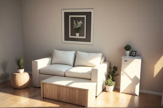 A cozy living room with a white sofa, wooden coffee table, and a framed picture of flowers on the wall.