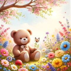 Teddy Bear in a Magical Flower Garden with Butterflies