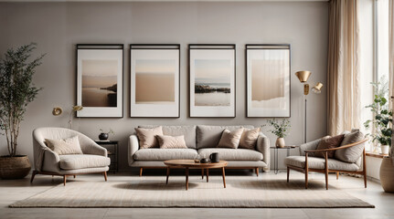 Salón interior de vivienda al estilo francés moderno con un acogedor sofá y cuadros con luz lateral. Banner de revista.