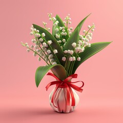 "3D Lily of the Valley Bouquet with Red Ribbon on Pink"