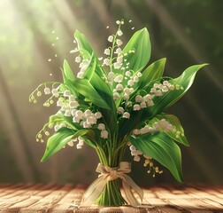 Sunlit Lily of the Valley Bouquet on Rustic Wood"