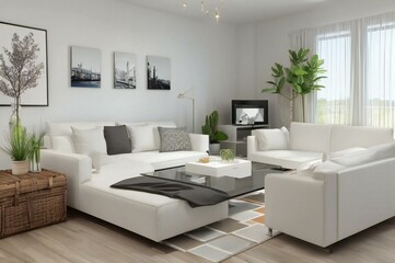 Modern living room with white sectional sofa, glass coffee table, and decorative plants. Artwork and natural light enhance the space.