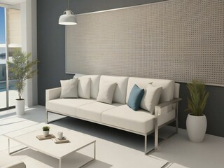 Modern living room with a white sofa, decorative pillows, and indoor plants, featuring a minimalist design.