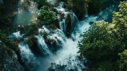 a wonderful landscape of a huge waterfall from a bird's eye view, a picture made by artificial intelligence