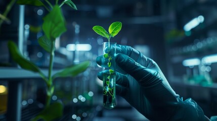 Scientist Holding a Test Tube with a Growing Plant in Laboratory Environment. Biotechnology concept background. Generative ai