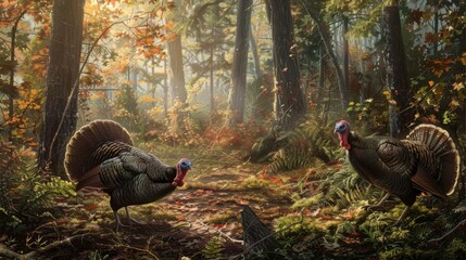 Two turkeys are nestled among trees in a natural landscape - obrazy, fototapety, plakaty