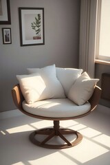 Modern round wooden chair with white cushions in a sunlit room, next to a window with a framed picture on the wall.