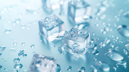 On a blue background, close-up of three ice cubes and water drops