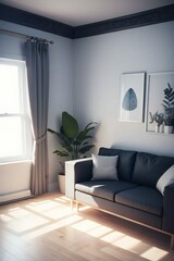 A cozy living room corner with a dark gray sofa, plants, and sunlight streaming through a window.