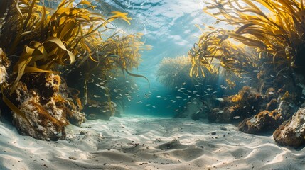 Underwater landscape with coral reef, seaweed, and fish under the sunlight