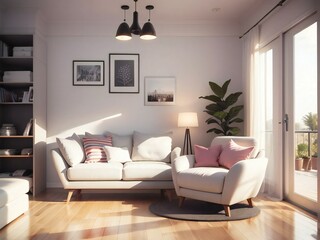 A cozy modern living room with a white sofa, decorative pillows, framed wall art, and a potted plant, bathed in natural sunlight.