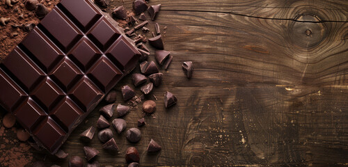 Broken pieces of dark chocolate on a textured surface.