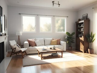 A modern living room with natural light, featuring a white sofa, wooden furniture, and indoor plants.