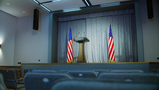 Speech tribune for minister, congressman or politician in the White House. Light press conference hall with seats. Wooden podium debate stand with microphones on stage. Backdrop with American flags.