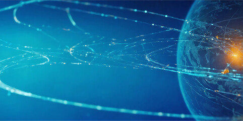 Obraz premium A network of futuristic technological waves radiates from Earth