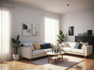 Fototapeta na wymiar A modern living room with two white sofas, a wooden coffee table, and decorative plants. Sunlight streams through large windows with sheer curtains.
