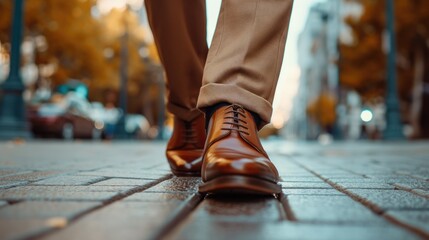 Businessman feet in high quality brown leather shoes on a city pavement walking