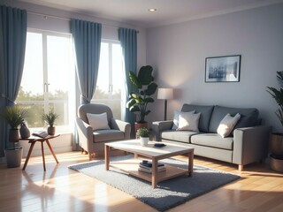 Modern living room with stylish furniture, large windows, and a cozy atmosphere, illuminated by natural sunlight.
