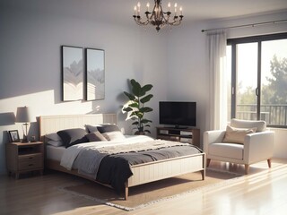 Elegant modern bedroom with a large bed, stylish furniture, and a balcony view. Decor includes a chandelier, framed art, and a potted plant.
