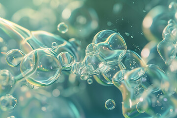 Close-up macro of bubbles with a tranquil blue-green bokeh effect, ideal for wellness or nature themes.