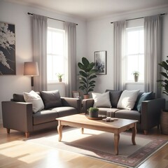 Elegant living room interior with natural light, featuring a sofa, armchair, wooden coffee table, and indoor plants.