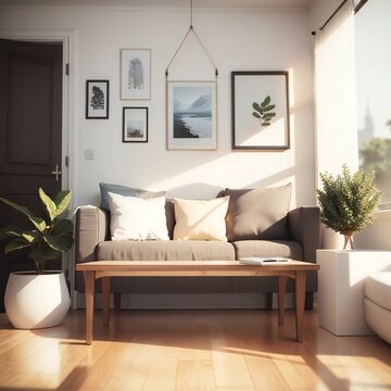 A cozy living room with a sofa, cushions, and framed pictures on the wall, bathed in warm sunlight.