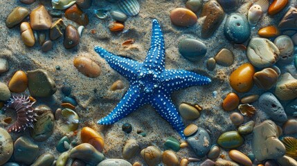 Azure starfish perched on rocks in marine environment