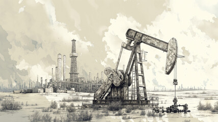 A drawing of a desert with a large oil rig in the foreground - obrazy, fototapety, plakaty