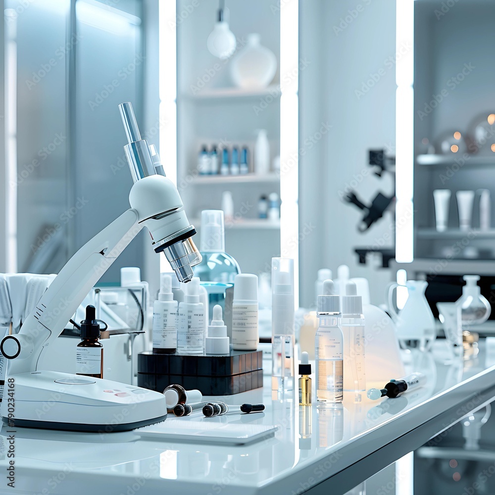 Poster a pristine cosmetic science laboratory showcasing skincare products and a professional microscope on