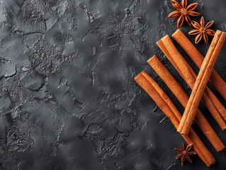 Cinnamon sticks and star anise on dark textured surface.