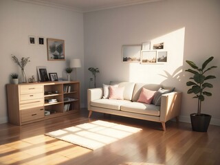 A modern living room with a beige sofa, wooden furniture, and indoor plants, bathed in natural sunlight.