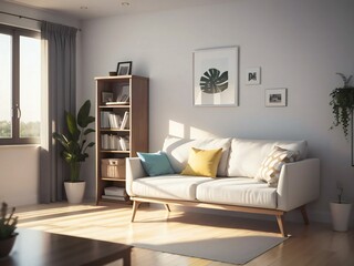 Modern living room with a white sofa, colorful pillows, and a bookshelf, bathed in natural sunlight.