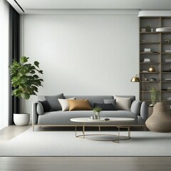 Modern living room interior with a stylish grey sofa, wooden coffee table, and a large potted plant. Shelves with books and decor items line the wall.